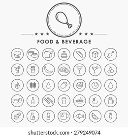 food and beverage minimal outline icons with circle button