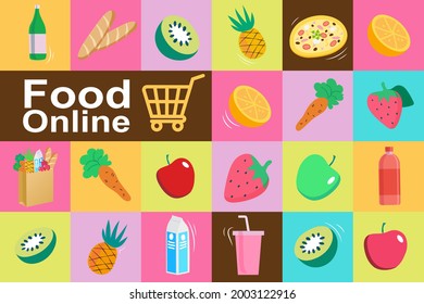 Food and beverage on colorful background. Set of web pages for Grocery Market, Online Store, Shopping, Home Delivery. Vector illustration for poster, banner, flyer, commercial, offer.