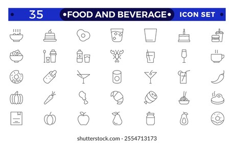 Food and Beverage outline icon set. Containing fork, spoon, knife, plate, cloche, tray, chef hat, beverage, food, dining table, and waiter. Cutlery or tableware in restaurant.
