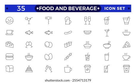 Food and Beverage outline icon set. Containing fork, spoon, knife, plate, cloche, tray, chef hat, beverage, food, dining table, and waiter. Cutlery or tableware in restaurant.
