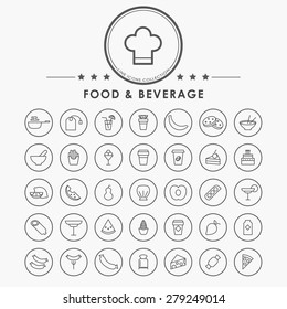 food and beverage outline icons with circle button