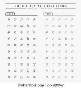 food and beverage outline icons on bold and thin line concept vector