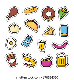 Food and Beverage Patch Icons, set of sticker and pins.