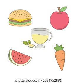 Food and Beverage Set of Burger Apple Watermelon Orange Carrot Fruit Vegetable Drink