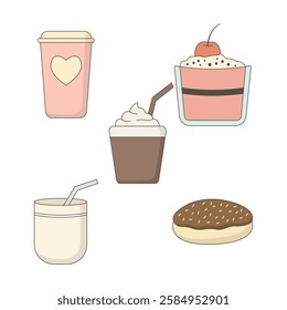 Food and Beverage Set of Cream Donut Doughnut Cake Sweet Dessert Drink