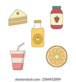 Food and Beverage Set of Dessert Cake Strawberry Jam Lemon Fruit Drink