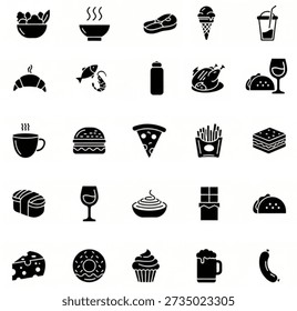 Icono sólido de la comida y de la bebida fijado en fondo transparente.
