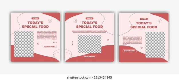 Plantilla de alimentos y bebidas para redes sociales o diseño de Plantilla de Vector de carteles. Plantilla de Anuncio cuadrado con área de foto o Imagen