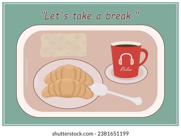 Food and beverage tray including a red cup of dark coffee and 2 croissants bakery set in the "Let's take a break." theme and also relaxing mode. All elements are placed on a matcha-green background.