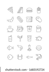 Food and beverage type icon set Linear dark grey color. Icon set for website design, application design UI design. Vector illustration.