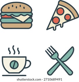 Iconos vectoriales de alimentos y bebidas con una hamburguesa, rebanada de pizza, taza de café y tenedor de cuchillo, que simbolizan los servicios de restaurante, la entrega de alimentos y la cena.