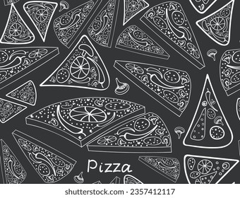 Food and beverage vector seamless pattern with hand drawn pizza slices 
