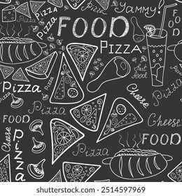 Food and beverage vector seamless pattern with hand drawn pizza slices