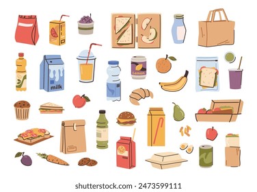 Food and beverages, containers and paper bags for lunch boxes. Vector quick nutritious snacks. Fruits and vegetables. Water and milk, soda and lemonade. Sandwiches, croissant and muffin