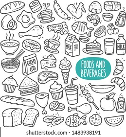 Food and beverages doodle drawing collection. Food and beverages such as bread, egg, fruits, cookie, meat etc. Hand drawn vector doodle illustrations in black isolated over white background.