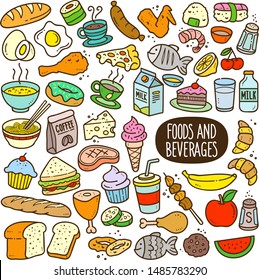 Food and beverages doodle drawing collection. Food and beverages such as bread, egg, fruits, cookie, meat etc. Hand drawn vector doodle illustrations in colorful cartoon style.