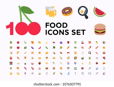 Food And Beverages, Fruits, Vegetables, Fast Foods, Cakes, Restaurant, Cafe Vector Illustration Flat Icons, Symbols, Emoticons, Emojis, Stickers Set, Collection