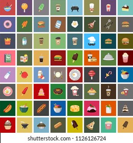 Food and beverages, fruits, vegetables, fast foods, cakes, restaurant, cafe vector illustration flat icons, symbols, emoticons, stickers