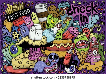 Food And Beverages  Hand Drawn Grafiti Hip-hop Style Seamless Doodle Art  Vivid Color For Textiles, Children's Clothing, Background, Wallpaper, Publications, Skateboard