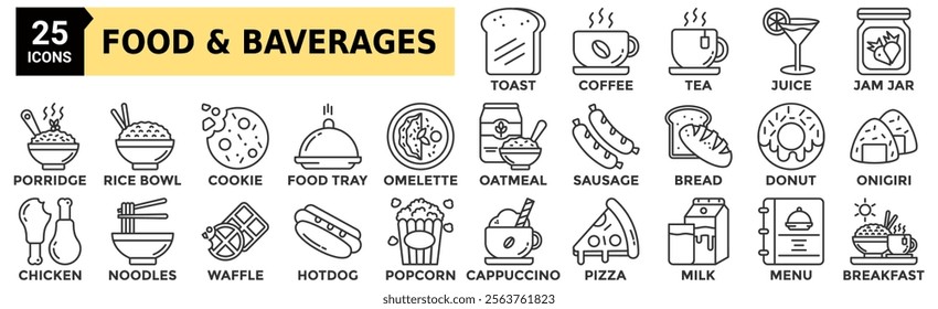 Food and Beverages icon set. Containing Toast, Coffee Cup, Tea Cup, Orange Juice, Jam Jar, Porridge, Rice Bowl and more. Outline vector icons collection