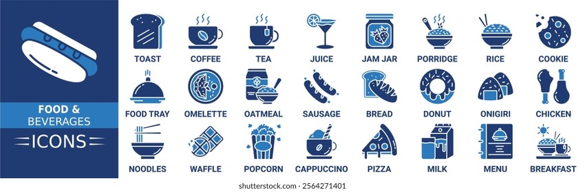 Food and Beverages icon set. Containing Toast, Coffee Cup, Tea Cup, Orange Juice, Jam Jar, Porridge, Rice Bowl and more. Solid vector icons collection