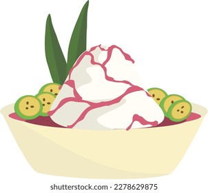 Food and beverages icon, vector, cartoon illustration. Es pisang Ijo, traditional dessert from Indonesia, made from banana which is rolled with a mixture of wheat flour, rice flour, and coconut milk