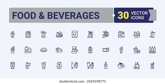 Food  Beverages linear icon collection. It contains symbols to coffee, bakery, eat, drink, fruit and more. Thin outline icons pack. Solid line editable stroke. Vector line and solid icons.