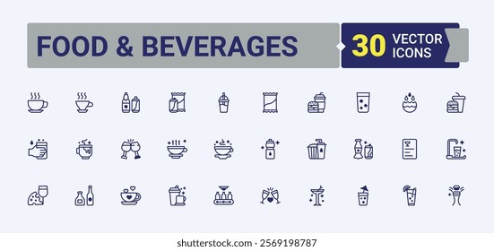 Food  Beverages linear icon collection. It contains symbols to coffee, bakery, drink, sandwich, fruit and more. Thin outline icons pack. Solid line editable stroke. Vector line and solid icons.