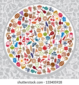 Food And Beverages Round Layout, Vector Illustration, Elements Easy To Use Separately. Eps File Contain Seamless Pattern In Background.