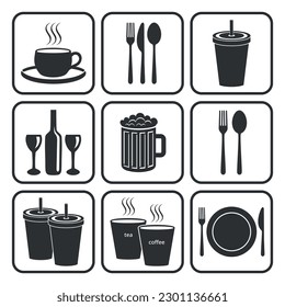 Food and beverages - set of pictograms. Cold and hot drinks, coffee, tea, carbonated, alcoholic. Cutlery, fork, knife, spoon, plate, mug, cup, glasses. Icon set for restaurant, bar