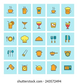 Food and beverages. Vector icon set in flat design style. For web site design and mobile apps