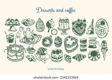 Food and beverages vector illustration collection. Matisse style doodles. Art for greeting cards, wedding invitations, poster design, postcards, branding, logo design, background.	