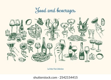 Coleção de ilustrações de vetor de alimentos e bebidas. Matisse estilo rabisca. Arte para cartões comemorativos, convites de casamento, design de cartaz, cartões postais, branding, design de logotipo, fundo.	