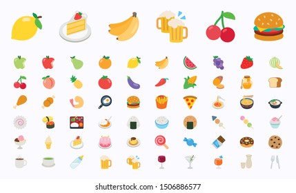 Conjunto de ícones de ilustração vetorial de alimentos e bebidas. Frutas, legumes, fast foods, bolos, restaurante, café vector ilustração ícones planos, símbolos, emoticons, emojis, conjunto de adesivos, coleção - Vector