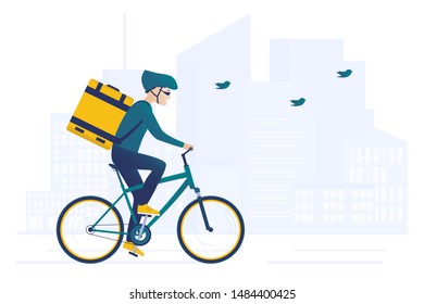 Food bicycle delivery courier. Man carries parcel box on the back. Fast and ecological way to move around the city. Express food delivery service by bike. Downtown silhouette on the background
