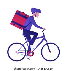 Food bicycle delivery courier. Man carries parcel box on the back. Fast and ecological way to move around the city. Express food delivery service by bike. Isolated vector illustration