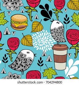 Food and birds romantic pattern. Seamless background in vector.