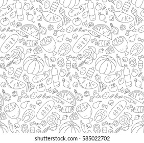 Food. Black and white seamless pattern in Doodle and cartoon style