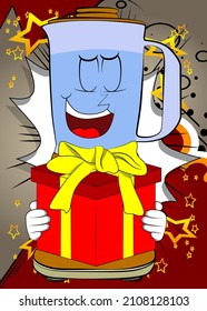 Food Blender holding big gift box as a cartoon character with face. Electric kitchen equipment for food processing.