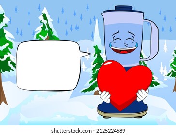 Food Blender holding a big red heart as a cartoon character with face. Electric kitchen equipment for food processing.