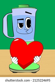Food Blender holding a big red heart as a cartoon character with face. Electric kitchen equipment for food processing.