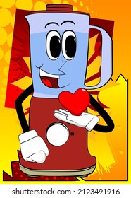 Food Blender holding red heart in his hand as a cartoon character with face. Electric kitchen equipment for food processing.
