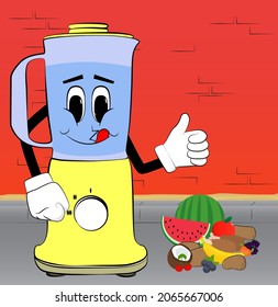 Food Blender making thumbs up sign as a cartoon character with face. Electric kitchen equipment for food processing.