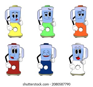 Food Blender pointing at the viewer with his hand as a cartoon character with face. Electric kitchen equipment for food processing.