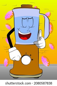 Food Blender pointing at the viewer with his hand as a cartoon character with face. Electric kitchen equipment for food processing.