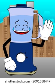 Food Blender with waving hand as a cartoon character with face. Electric kitchen equipment for food processing.