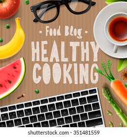 Food blog, healthy cooking recipes, cardboard texture background, vector illustration.