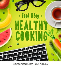 Food blog, healthy cooking recipes online, vector illustration.