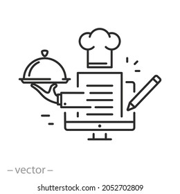 food blog icon, online cooking community, chef blogger with recipe,  foodie recipe, kitchen story, thin line symbol on white background - editable stroke vector illustration eps10