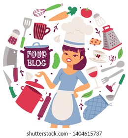 Food blog vector illustration. Cooking appliances and restaurant utensil and food background. Female cook in uniform banner. Glove grater ladle curlery pan rolling pin vegetables.